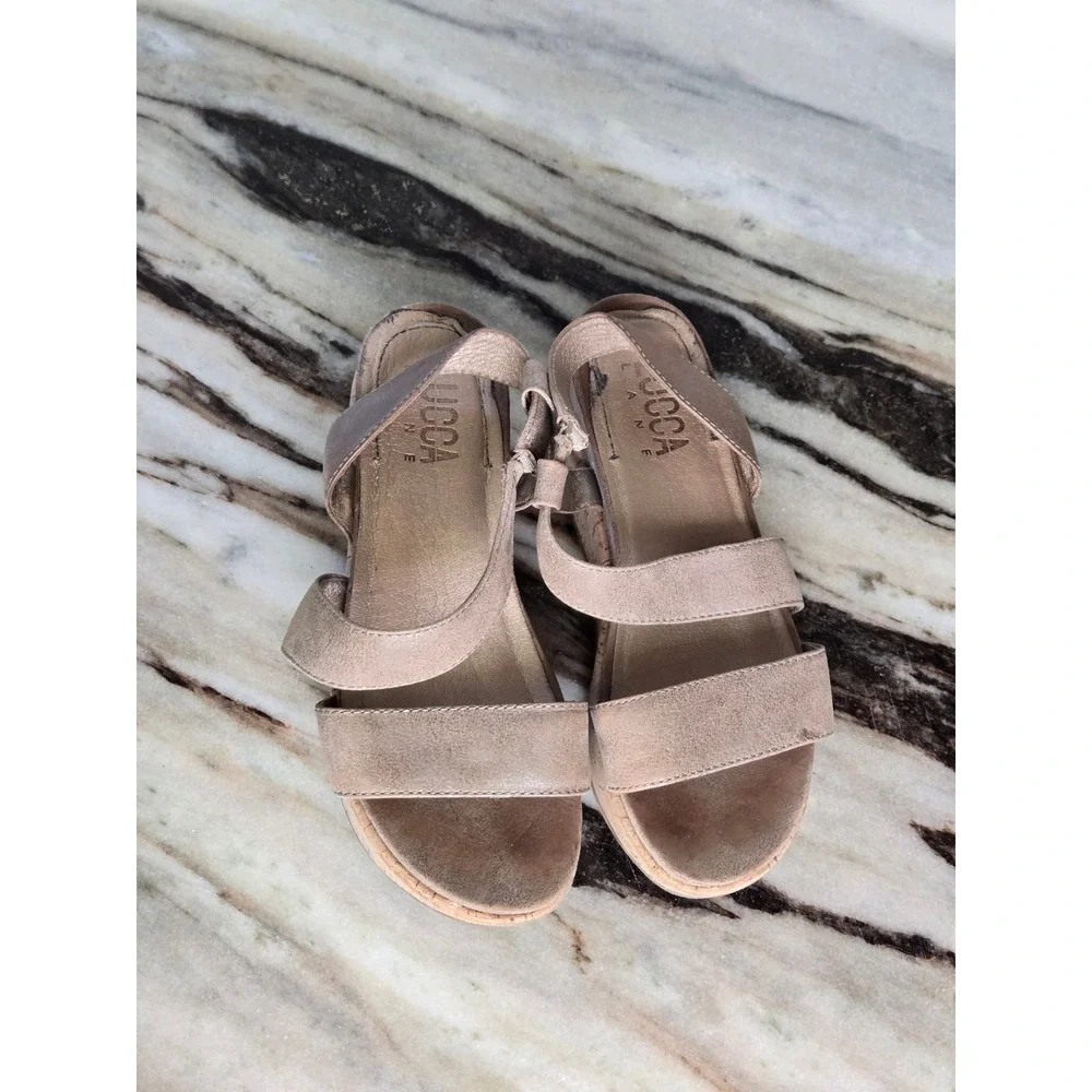 Lucca Lane Womens‎ Metallic Taupe Leather Cork Platform Wedge Sandals Size 6